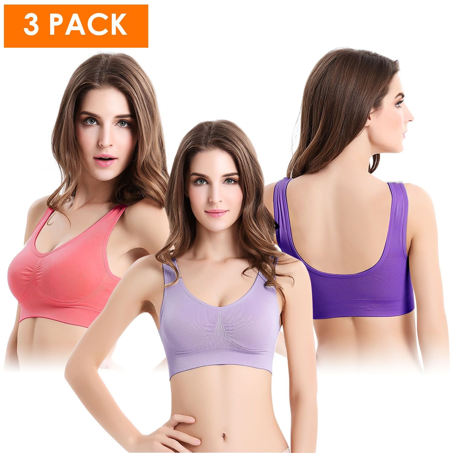 3 Pack Sport Bras For Women Seamless Wire free Bra Light Support Tank Tops For Fitness Workout Sports Yoga Sleep Wearing (Color: PP_GY_MelonRed, size: 3XL)