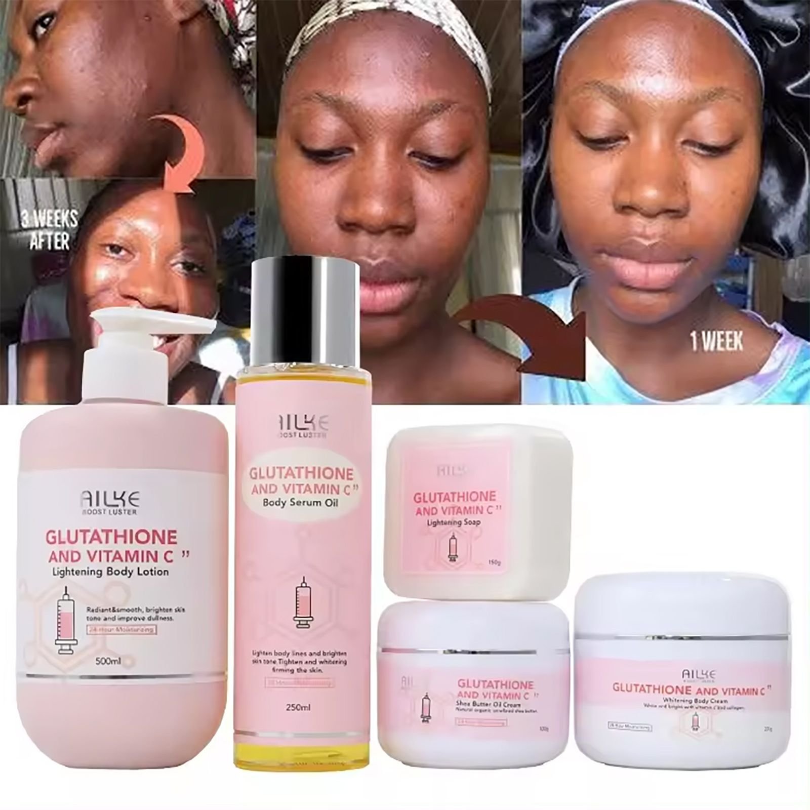 AILKE Glutathione & Vitamin C Kit, With Brightening Lotion, Moisturizing Cream, Lightening Soap, Spa Oil, Glowing Body Cream (Color: 5 in1 set)